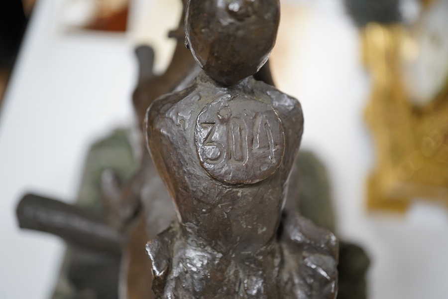 June Harrah (American), a bronze group of a racehorse and rider, on a naturalistic green marble base, 30cm high, with paperwork including provenance and exhibition leaflet. Condition - good